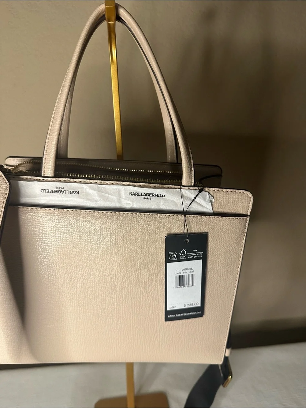 Karl Lagerfeld Beige Satchel with Logo Strap and Gold Accents NWT